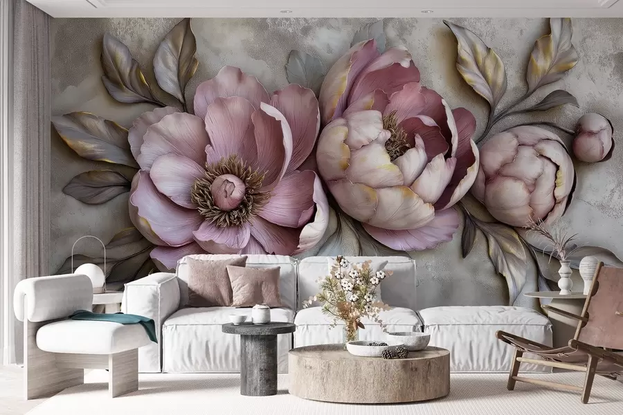 Fototapete Floral lila Pfingstrosen mit Blättern und Blütenblätter in gedämpften Pastellfarben, Vintage-Stil w01825