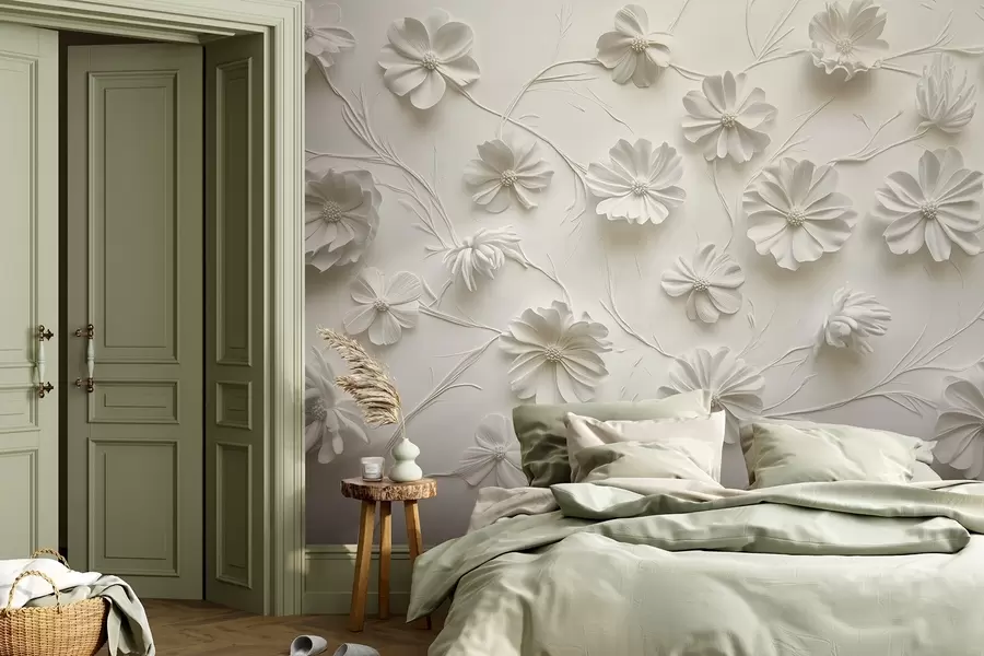 Fototapete Weißes Relief Komposition von Blumen in einem minimalistischen und anspruchsvollen Stil w01828