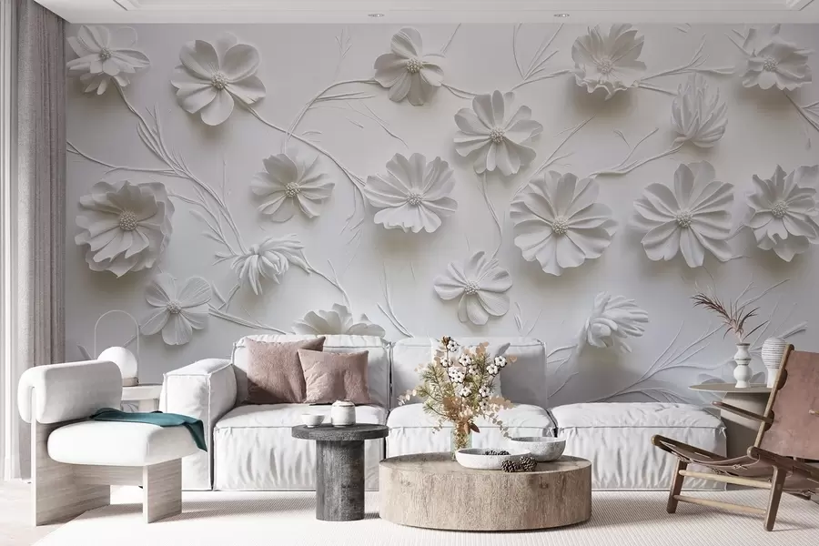 Fototapete Weißes Relief Komposition von Blumen in einem minimalistischen und anspruchsvollen Stil w01828