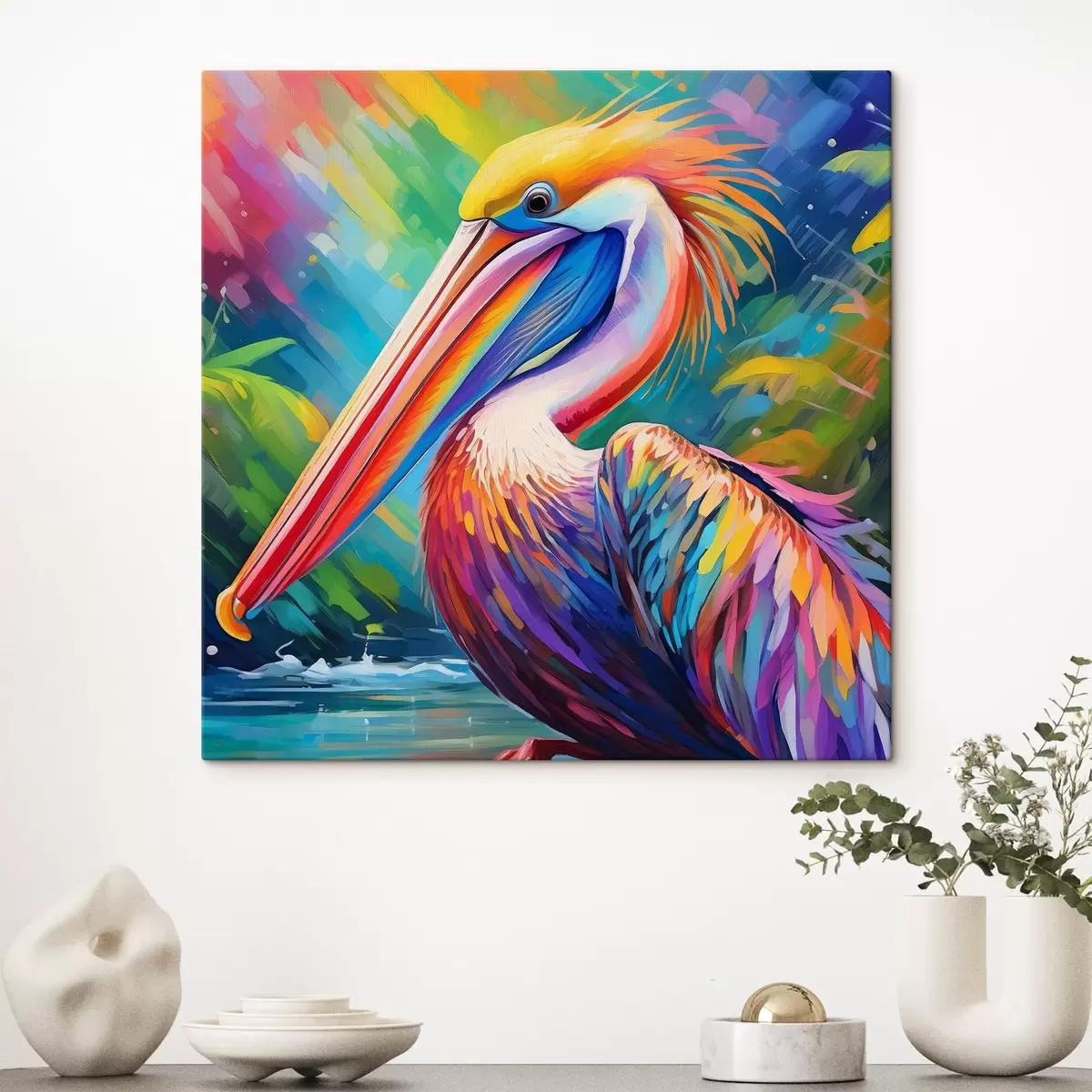 Wandbilder Lebendiger Pelikan vor farbenfroher Kulisse s39054