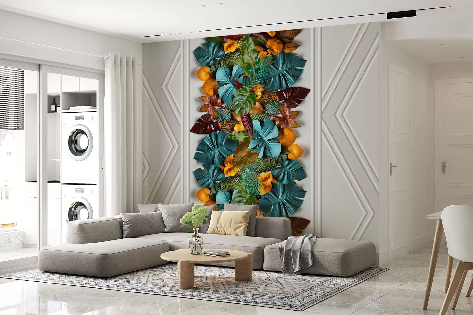 Fototapete 3D-Tapete mit bunten tropischen Blättern und Geometrie auf einem grauen Hintergrund w01876