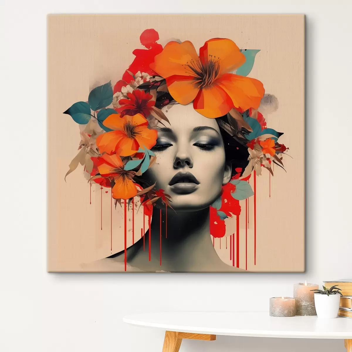 Wandbilder Porträt eines Mädchens im Collage-Stil mit Blumen s41271