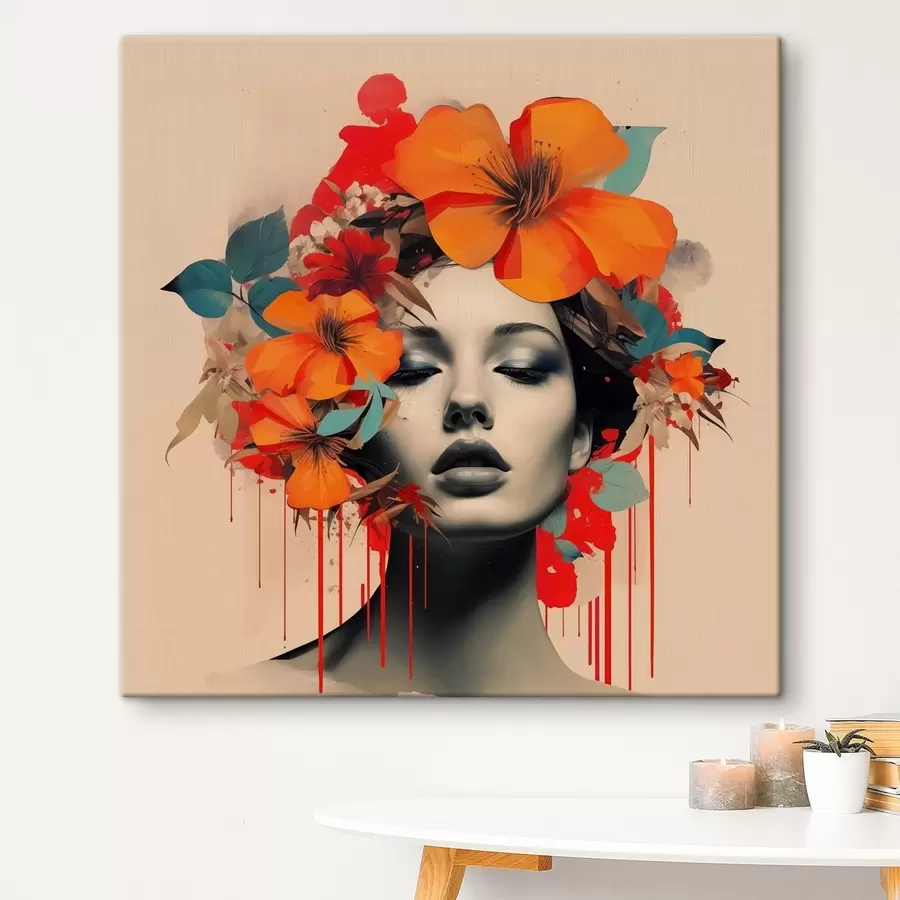 Wandbilder Porträt eines Mädchens im Collage-Stil mit Blumen s41271