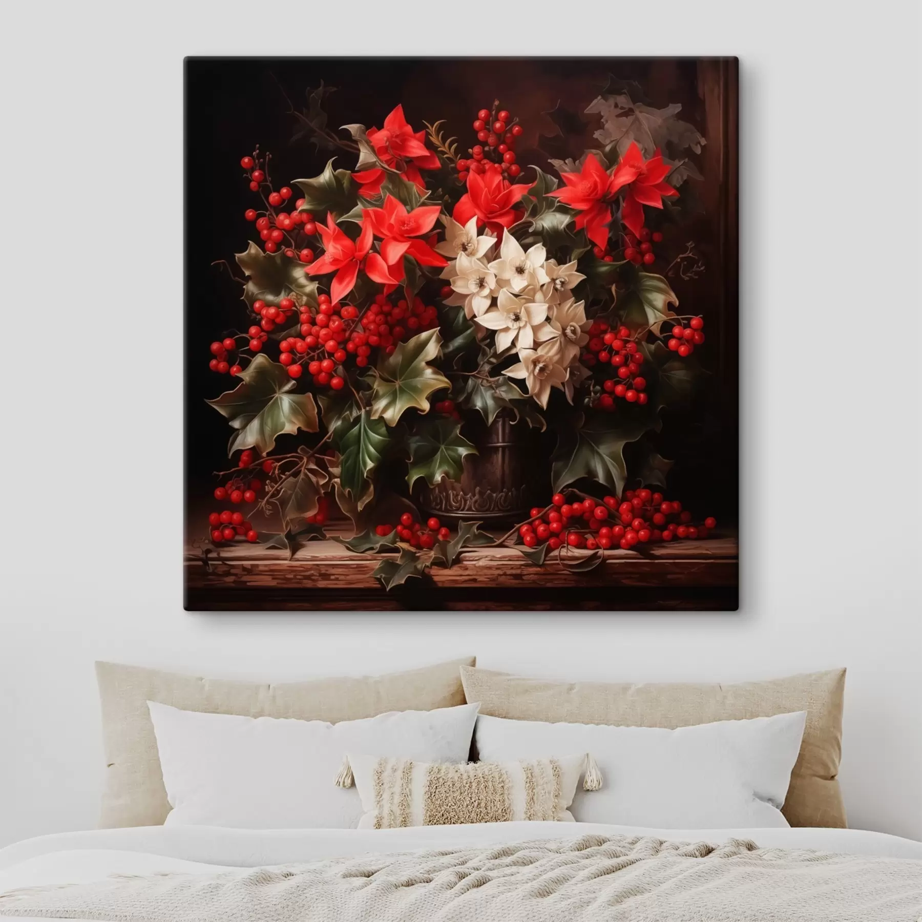 Wandbilder Blumenstrauß mit Stechpalme und Weihnachtsblumen auf dunklem Hintergrund s41272