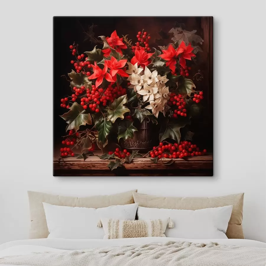 Wandbilder Blumenstrauß mit Stechpalme und Weihnachtsblumen auf dunklem Hintergrund s41272