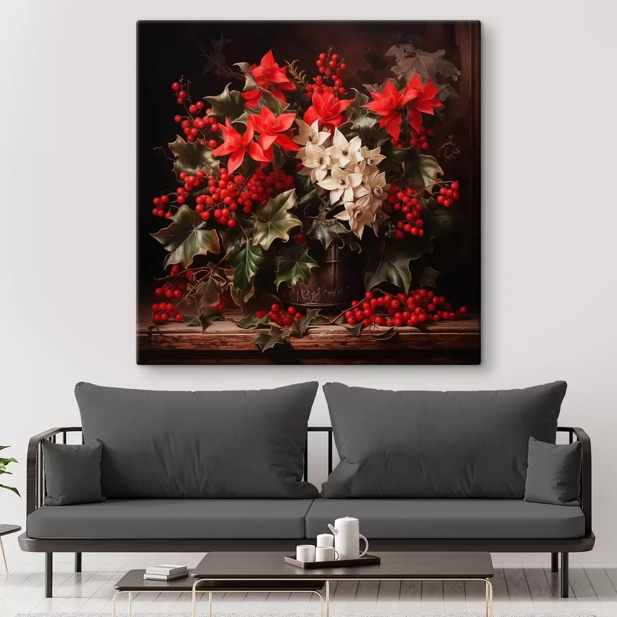 Wandbilder Blumenstrauß mit Stechpalme und Weihnachtsblumen auf dunklem Hintergrund s41272