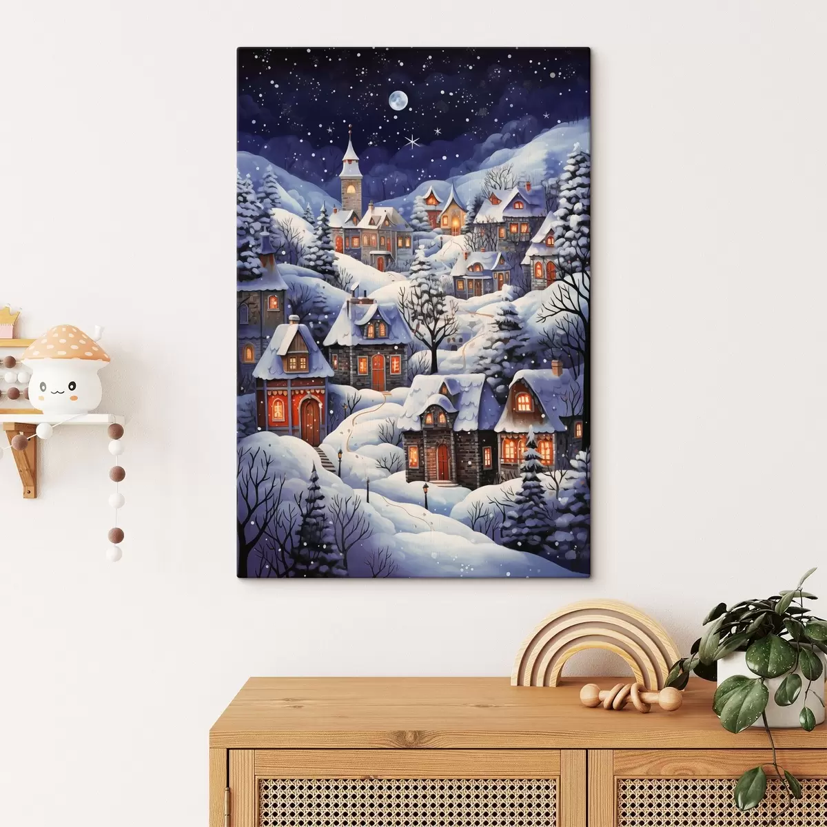 Wandbilder Winterlandschaft mit schneebedeckten Häusern auf dem Land vor dem Hintergrund des nächtlichen Sternenhimmels s41275