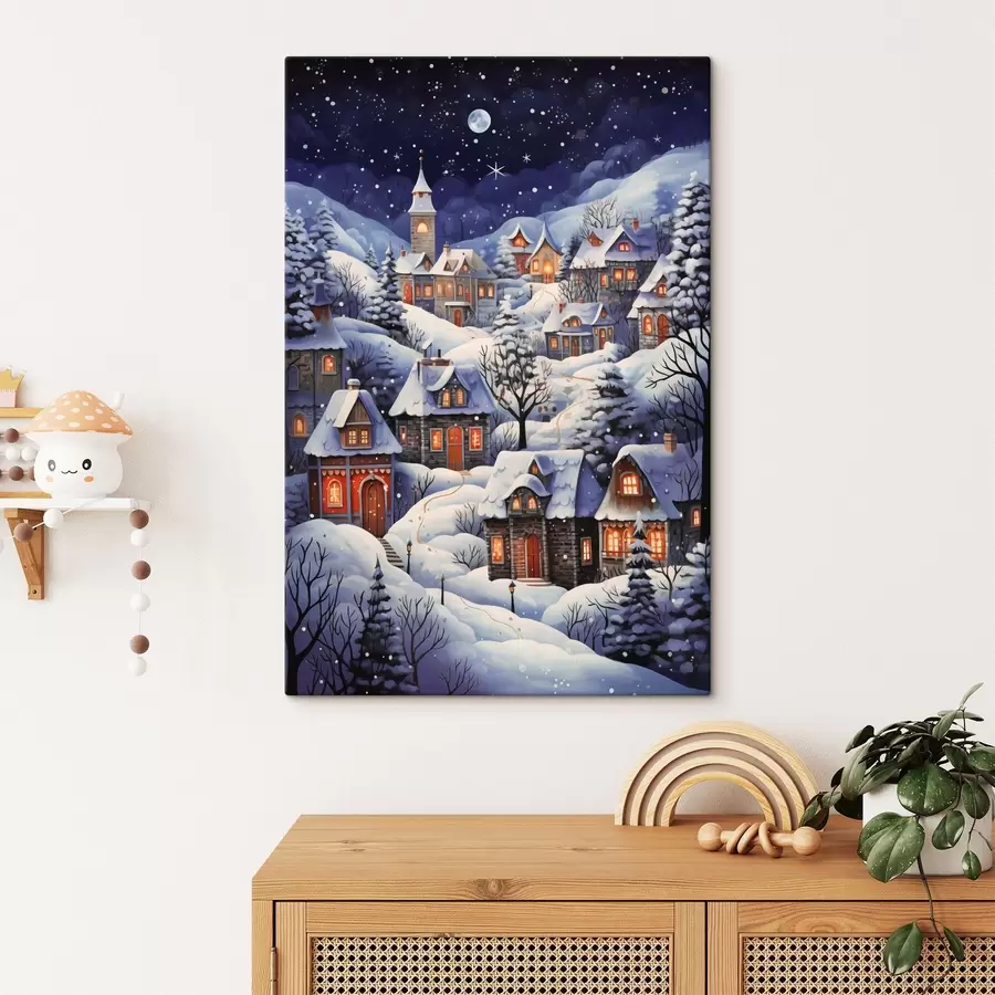 Wandbilder Winterlandschaft mit schneebedeckten Häusern auf dem Land vor dem Hintergrund des nächtlichen Sternenhimmels s41275