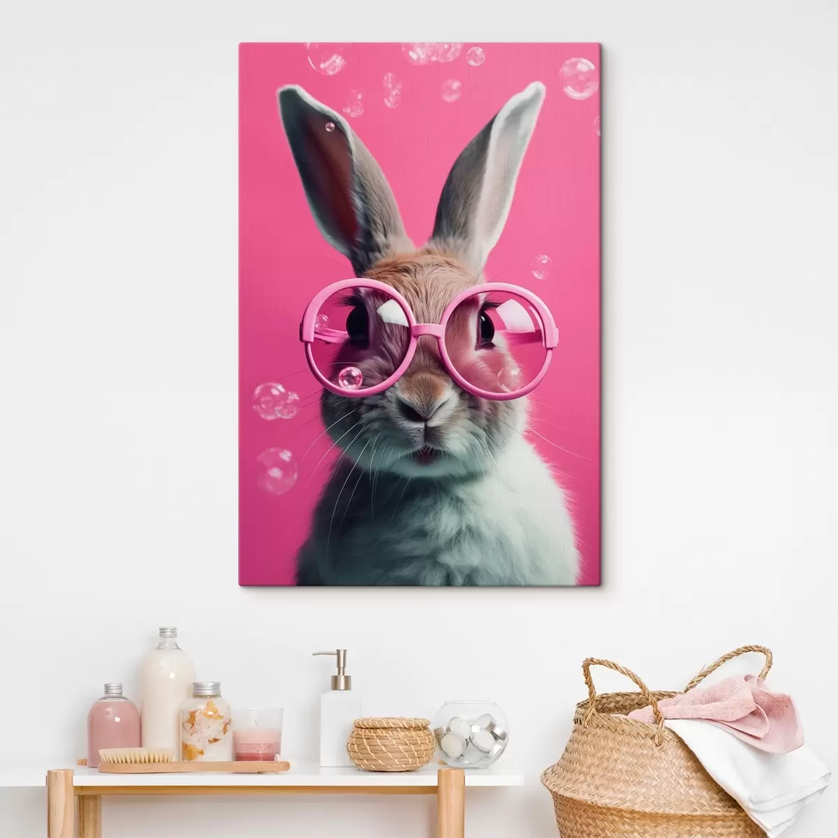 Wandbilder Kaninchen mit rosa Brille auf einem rosa Hintergrund s41280