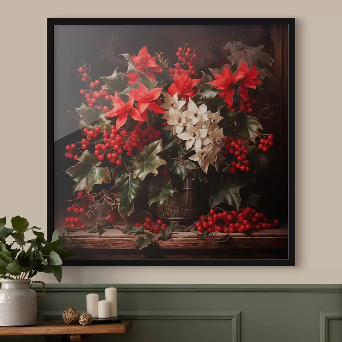 Poster Blumenstrauß mit Stechpalme und Weihnachtsblumen auf dunklem Hintergrund f41272