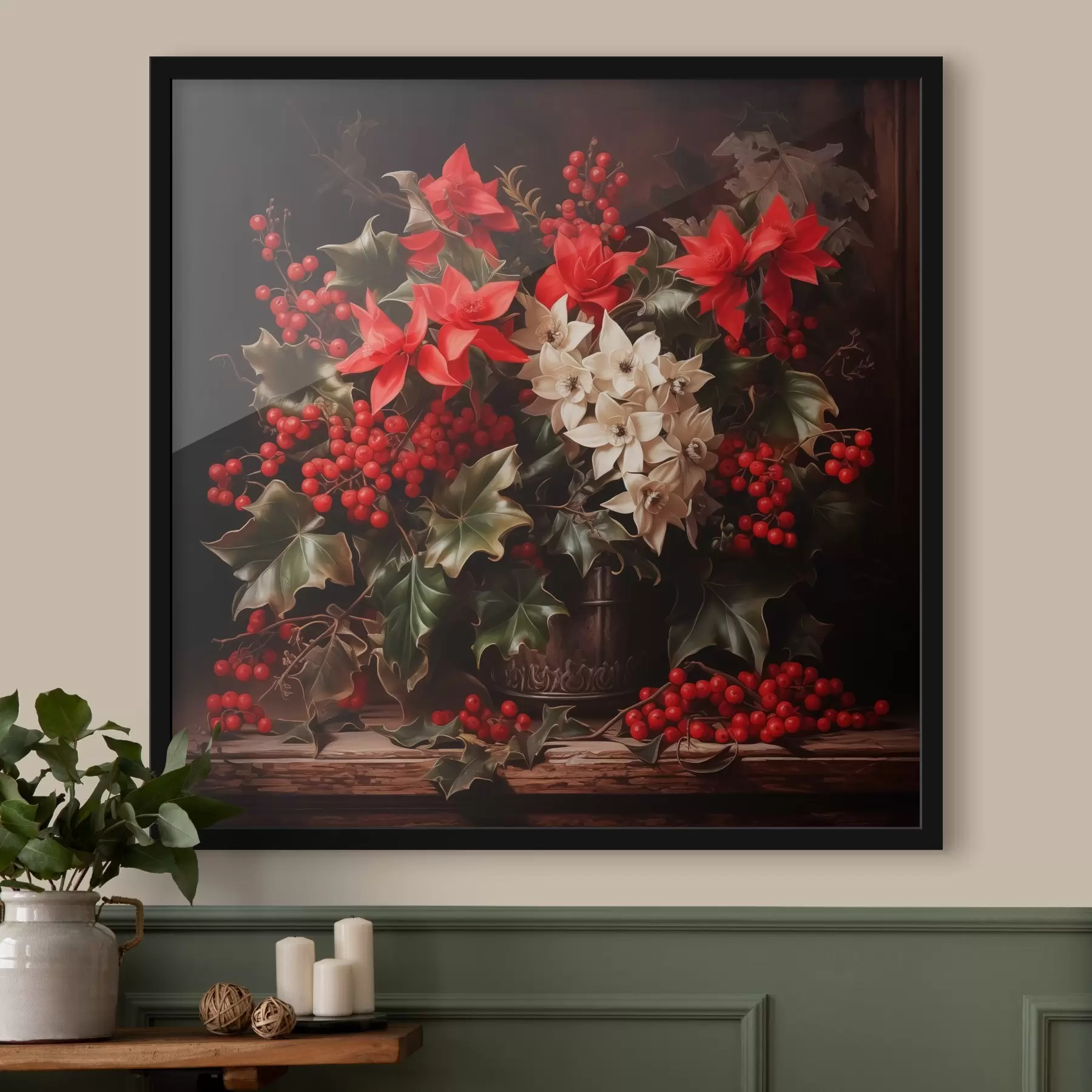 Fototapete Blumenstrauß mit Stechpalme und Weihnachtsblumen auf dunklem Hintergrund f41272