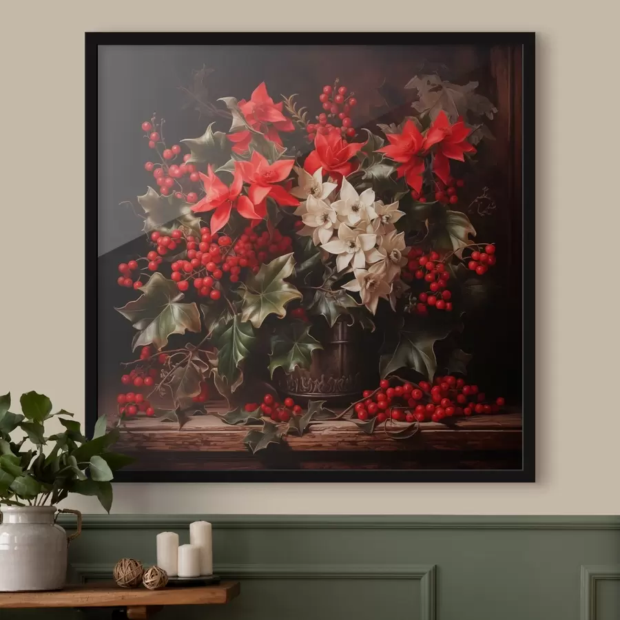 Fototapete Blumenstrauß mit Stechpalme und Weihnachtsblumen auf dunklem Hintergrund f41272