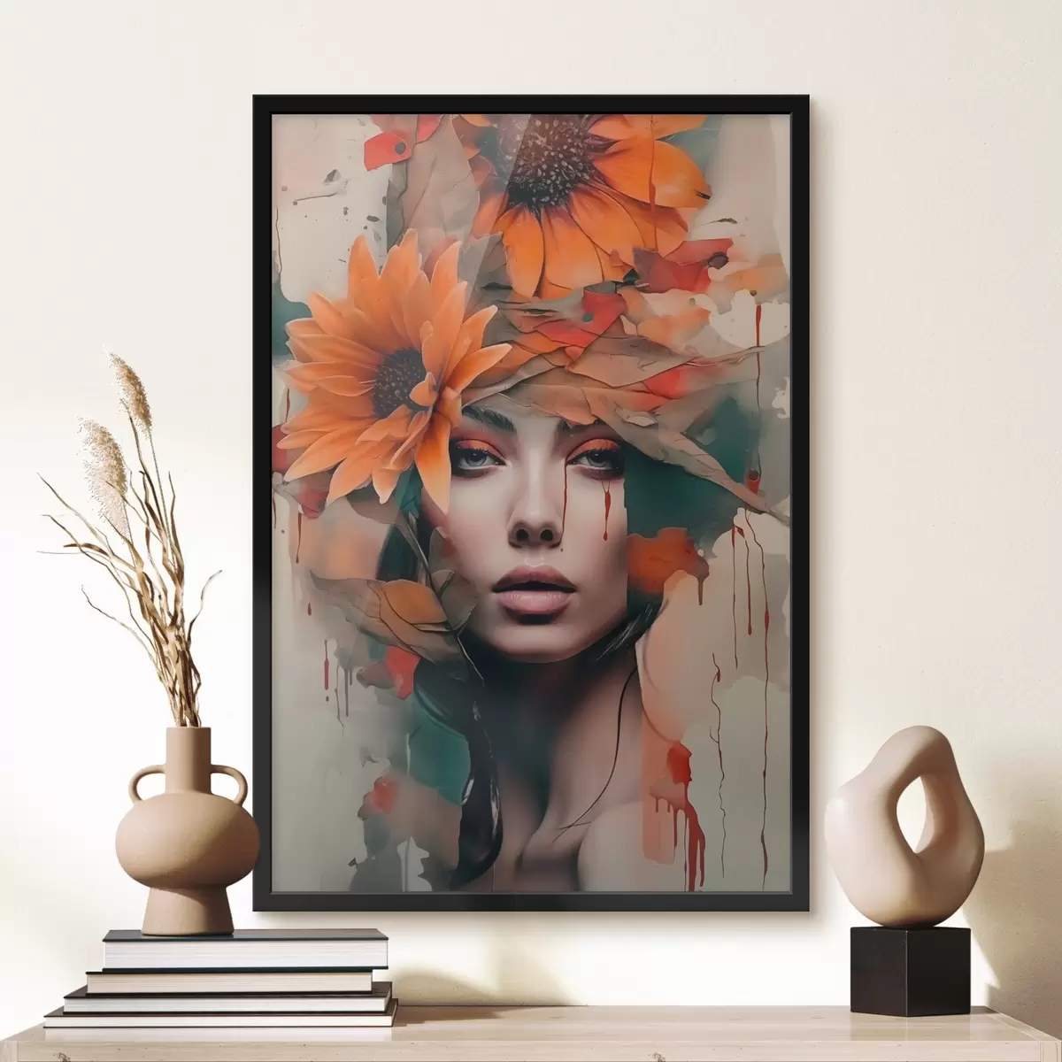 Poster Kunst Collage Porträt eines Mädchens mit Blumen f41274