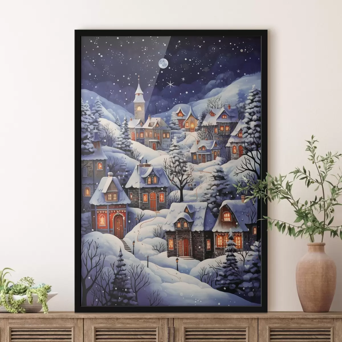 Poster Winterlandschaft mit schneebedeckten Häusern auf dem Land vor dem Hintergrund des nächtlichen Sternenhimmels f41275