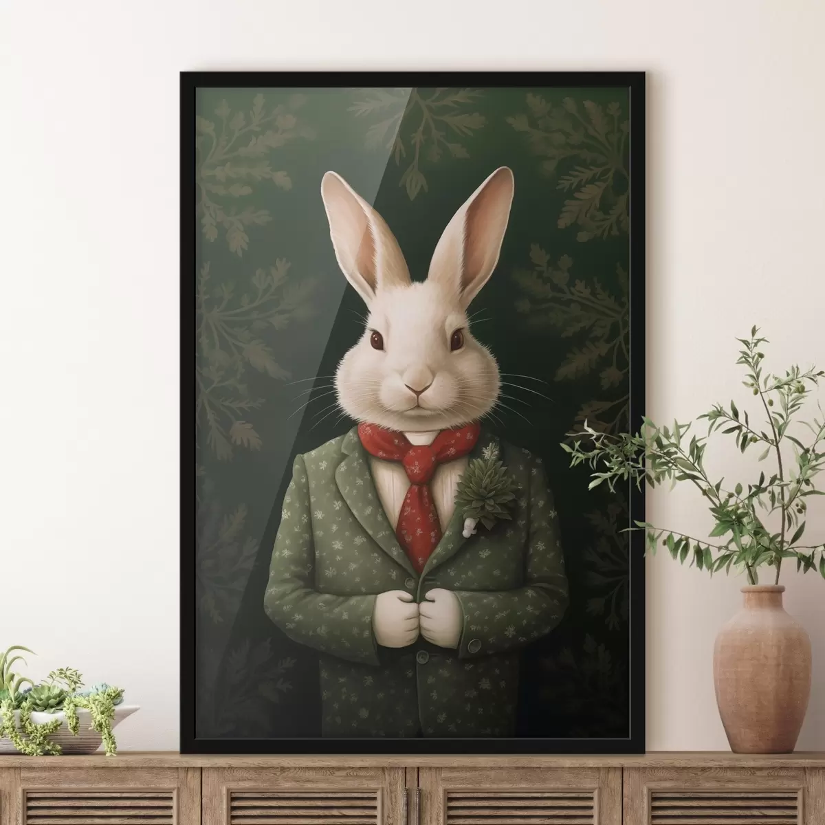 Poster Weißer Hase im grünen Anzug und roter Krawatte Illustration f41278