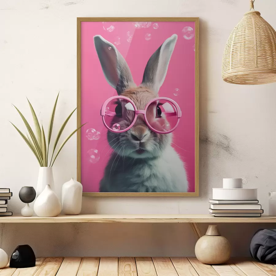 Fototapete Kaninchen mit rosa Brille auf einem rosa Hintergrund f41280