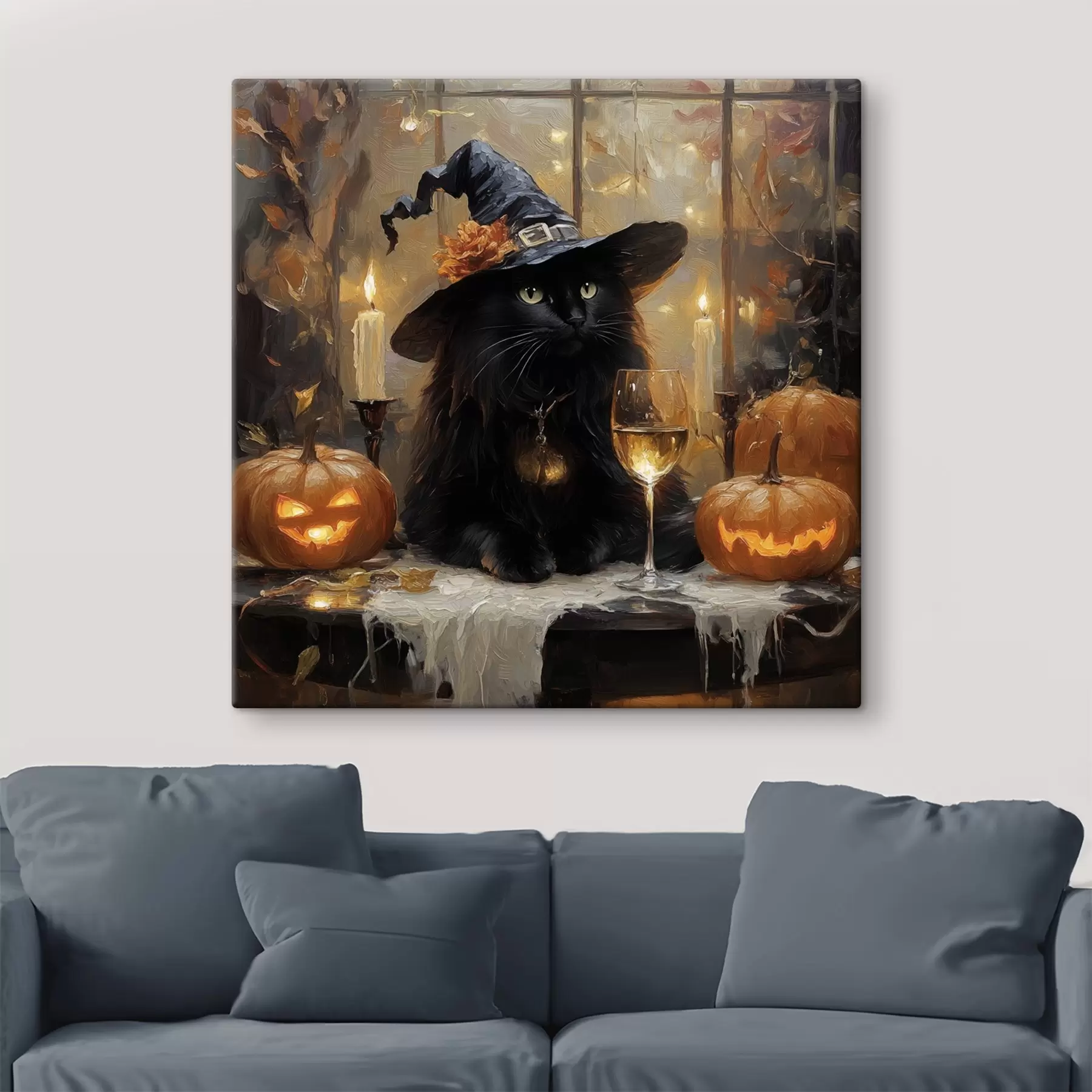 Fototapete Schwarze Katze mit Kürbissen s41349