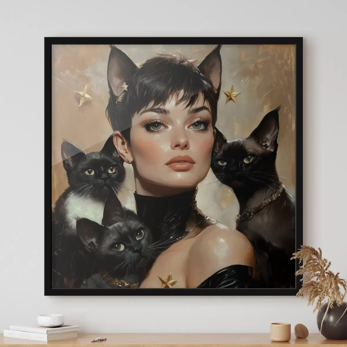 Poster Katzenmädchen mit schwarzen Katzen f41344