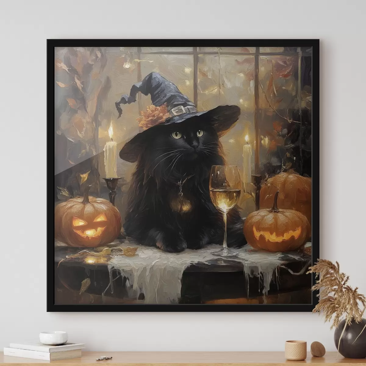 Poster Schwarze Katze mit Kürbissen f41349