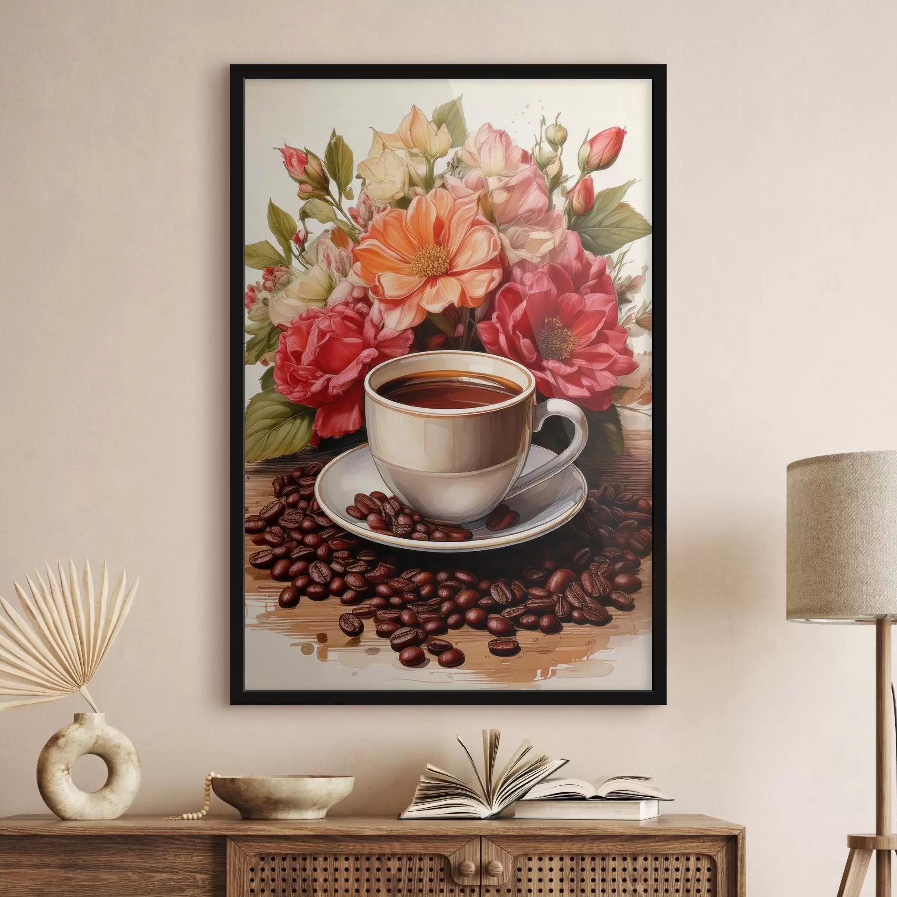 Fototapete eine Tasse Kaffee und einen Blumenstrauß f41411