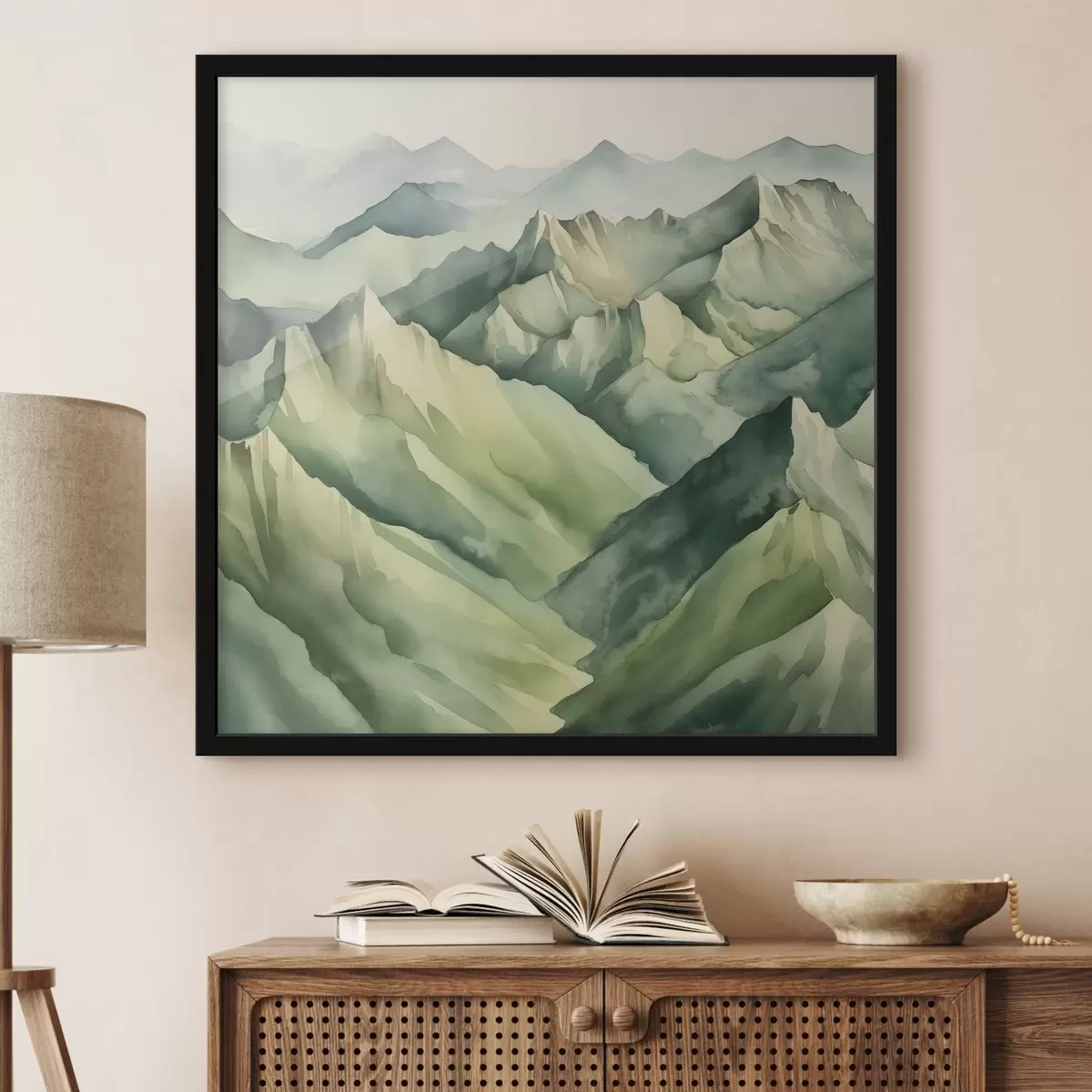 Poster Gelassene Berge in sanften Grüntönen f38909