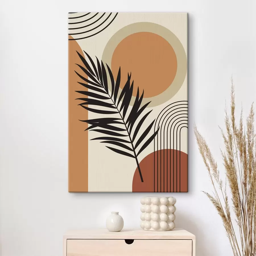 Wandbilder Palmenblatt vor geometrischem Hintergrund s36170