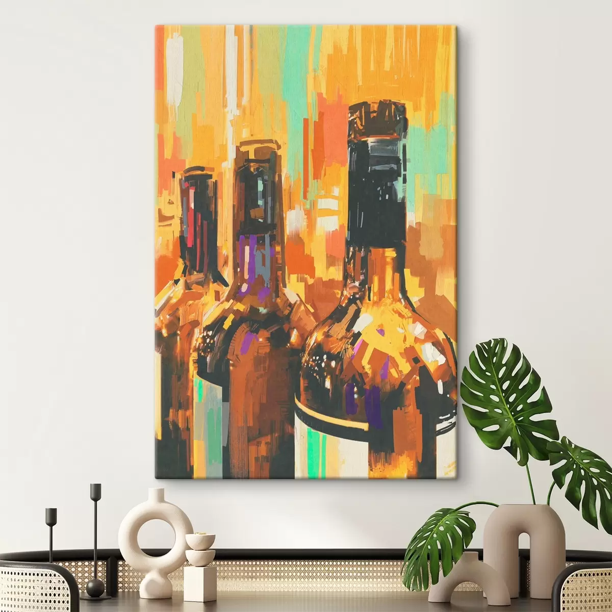 Wandbilder Gruppe von Flaschen auf farbigem Hintergrund s37086