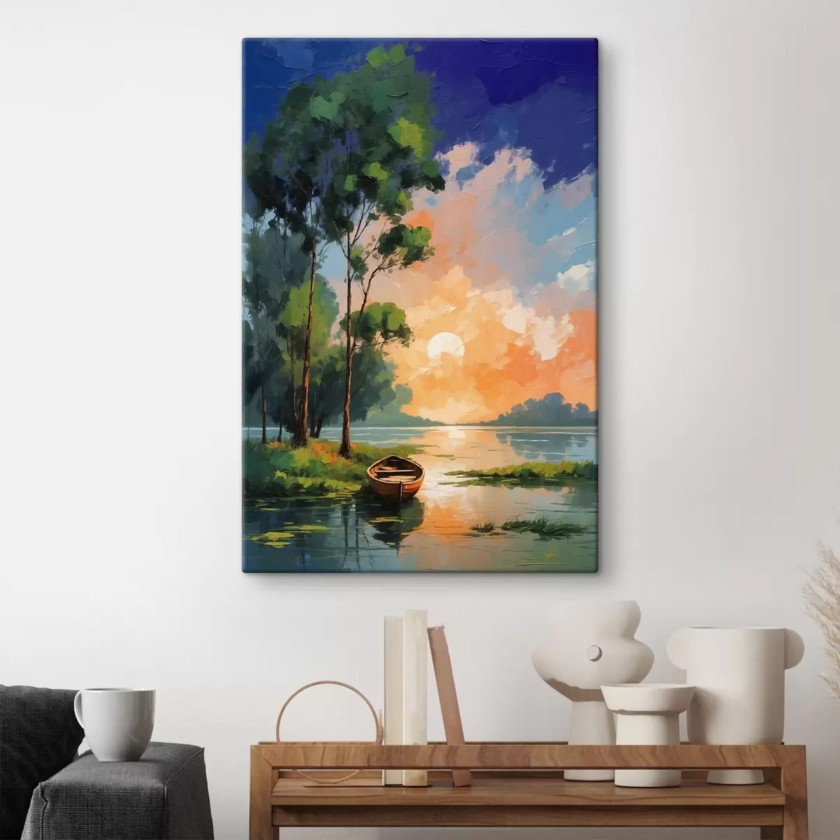 Wandbilder Gemälde eines Bootes auf einem See s37801
