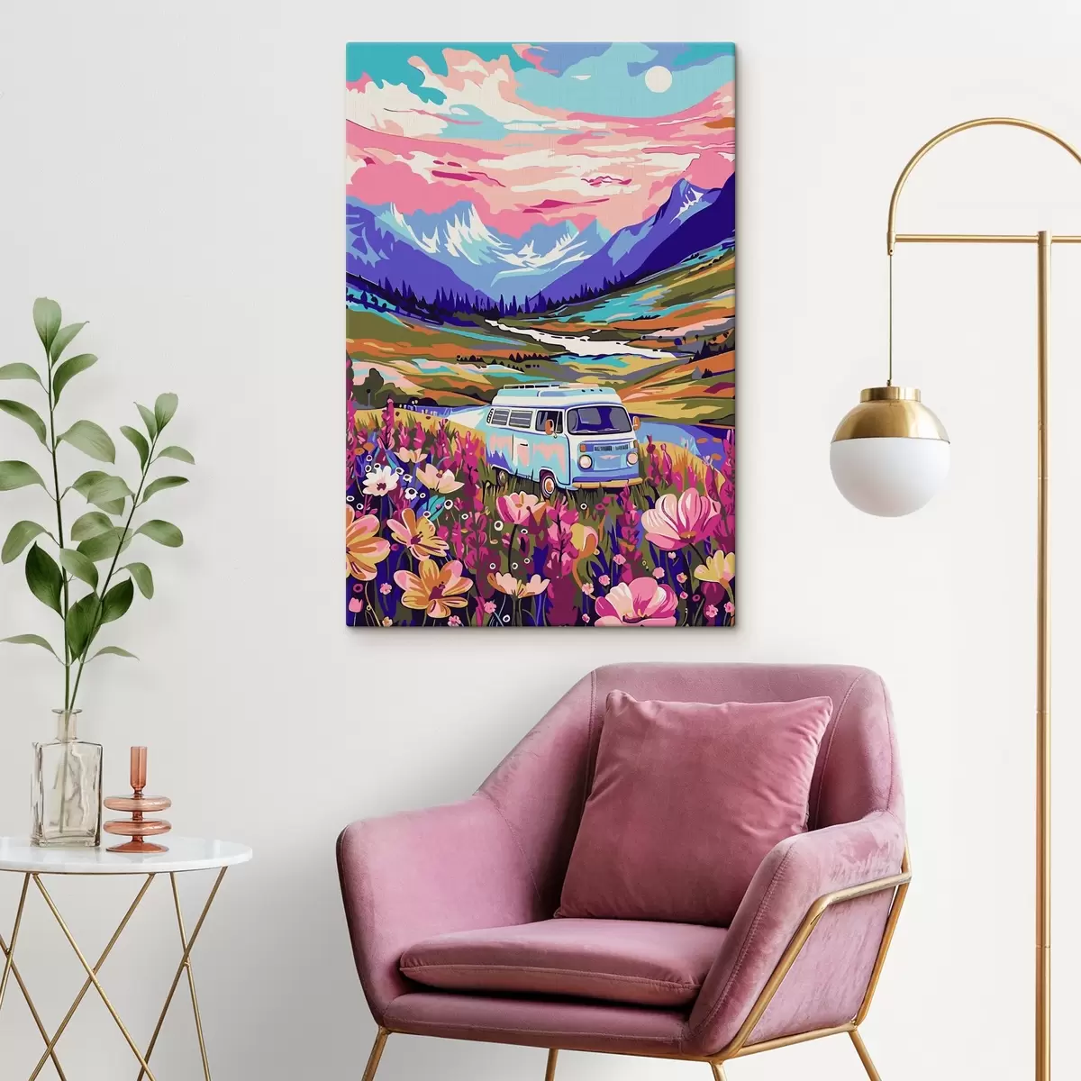 Wandbilder Ein Lieferwagen fährt durch ein Blumenfeld s38260