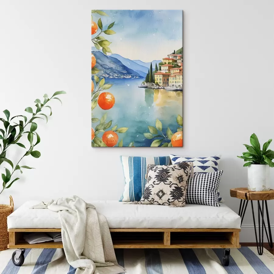 Wandbilder Aquarell einer Stadt am Rande eines Gewässers s38402