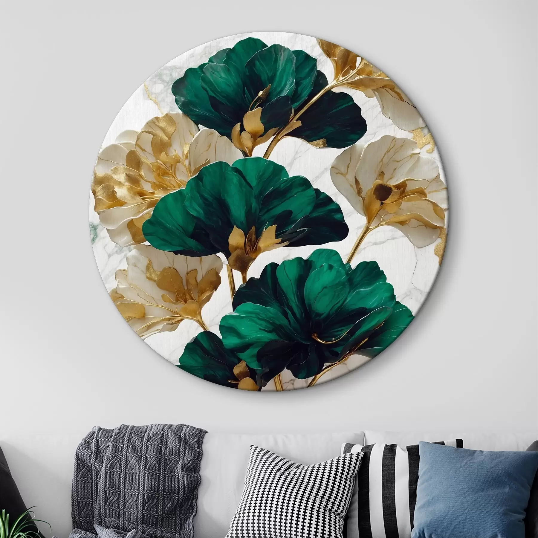 Wandbilder Grüne und weiße Blumen auf weißem Marmor Hintergrund r36646