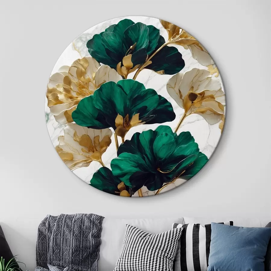 Wandbilder Grüne und weiße Blumen auf weißem Marmor Hintergrund r36646