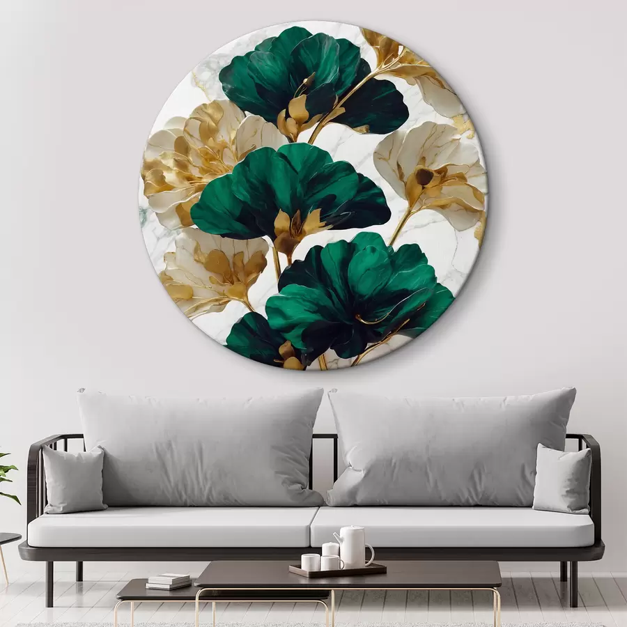 Fototapete Grüne und weiße Blumen auf weißem Marmor Hintergrund r36646