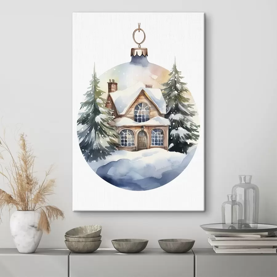 Wandbilder Weihnachtsdekoration Kugel mit Aquarell Haus im Schnee, Tannenbäume s41363