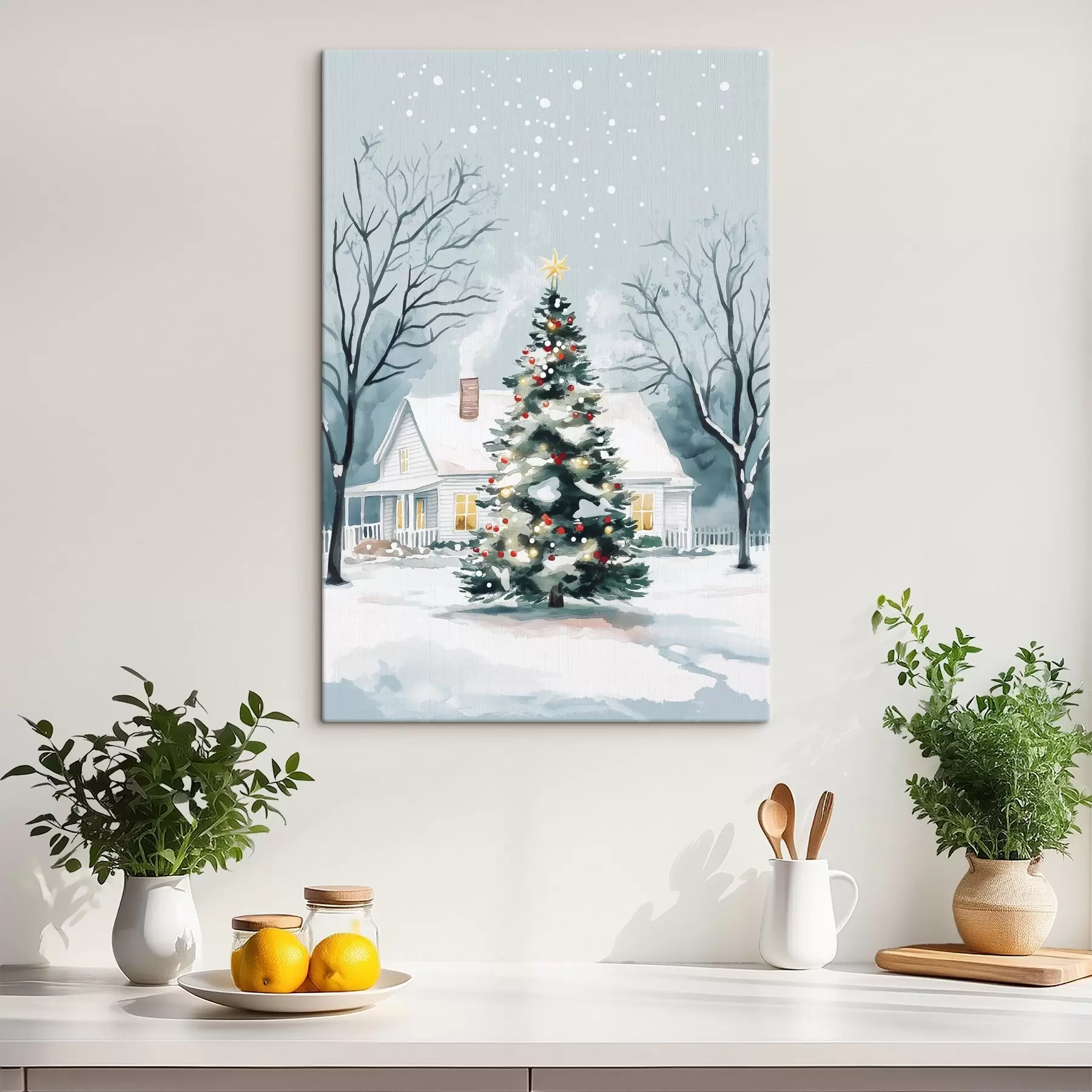 Wandbilder Winterstadt, geschmückter Tannenbaum, Weihnachten, Aquarell s41364