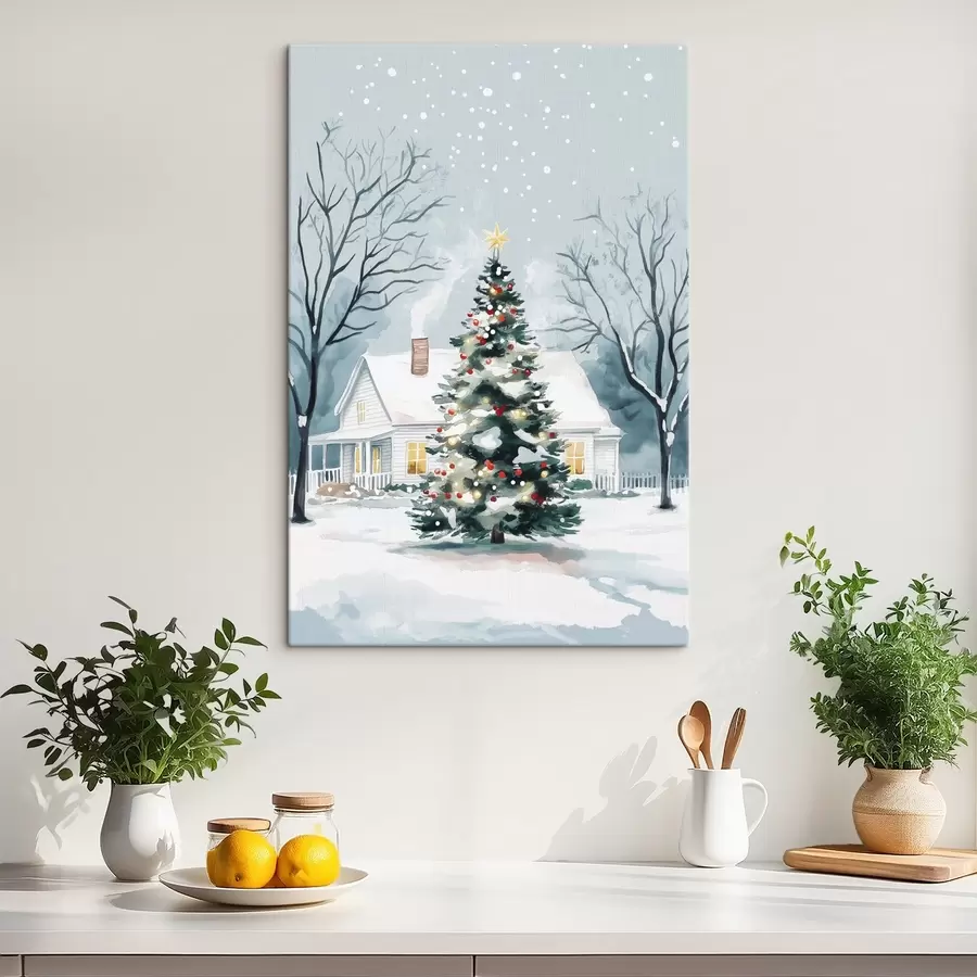 Wandbilder Winterstadt, geschmückter Tannenbaum, Weihnachten, Aquarell s41364