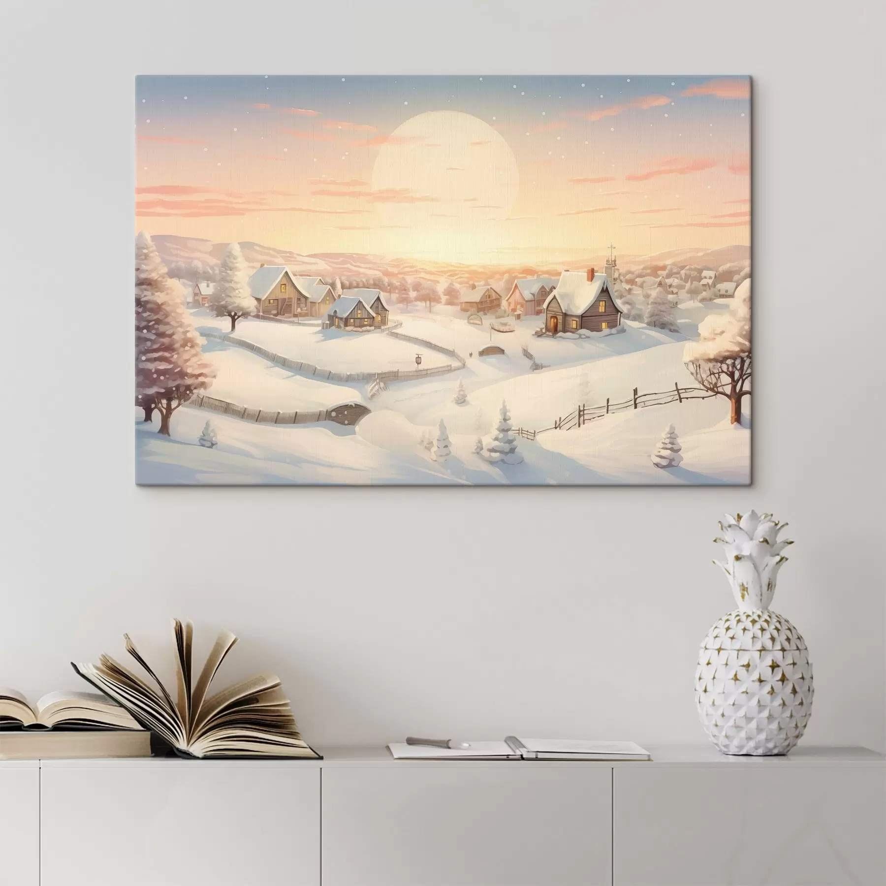 Wandbilder Winterdorf im Sonnenuntergang, schneebedeckte Häuser, Tannenbäume s41380