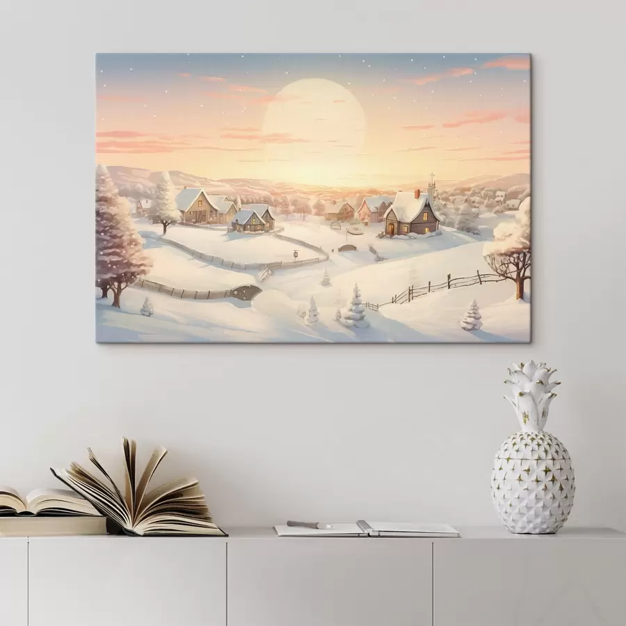 Wandbilder Winterdorf im Sonnenuntergang, schneebedeckte Häuser, Tannenbäume s41380