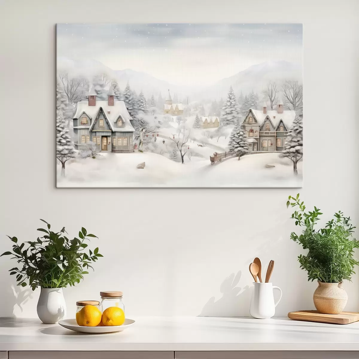 Wandbilder Schöne Winterlandschaft mit Dorf, Kiefern, Häuser, Berge s41384