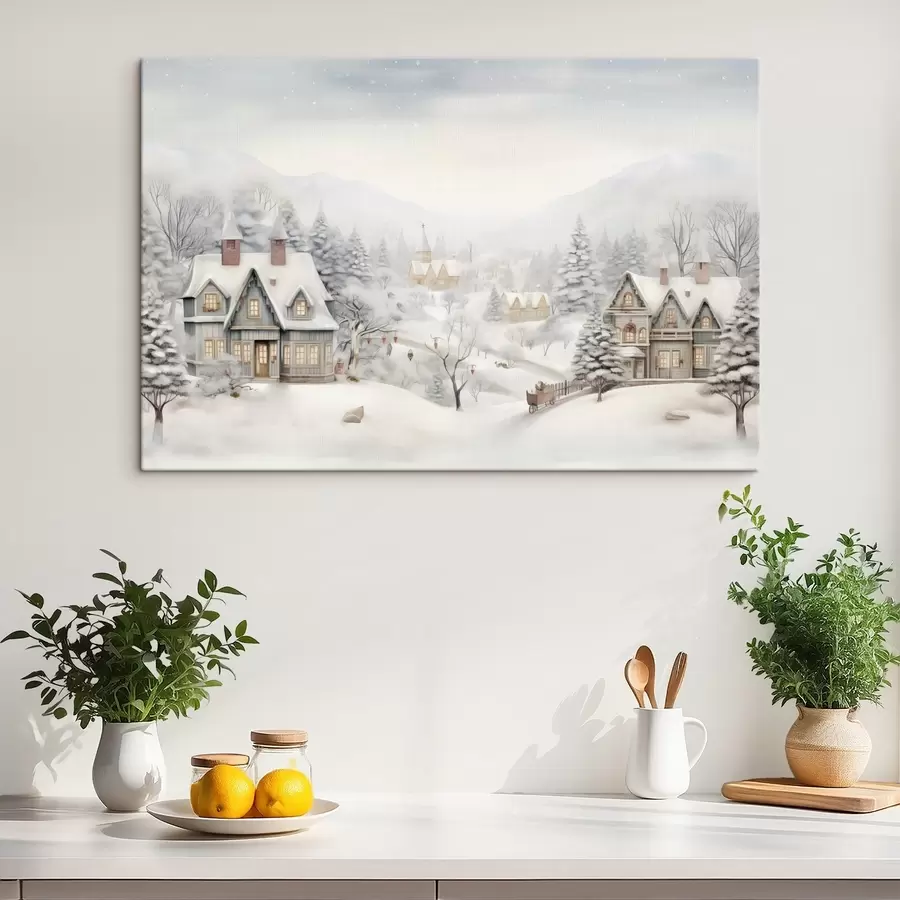 Wandbilder Schöne Winterlandschaft mit Dorf, Kiefern, Häuser, Berge s41384