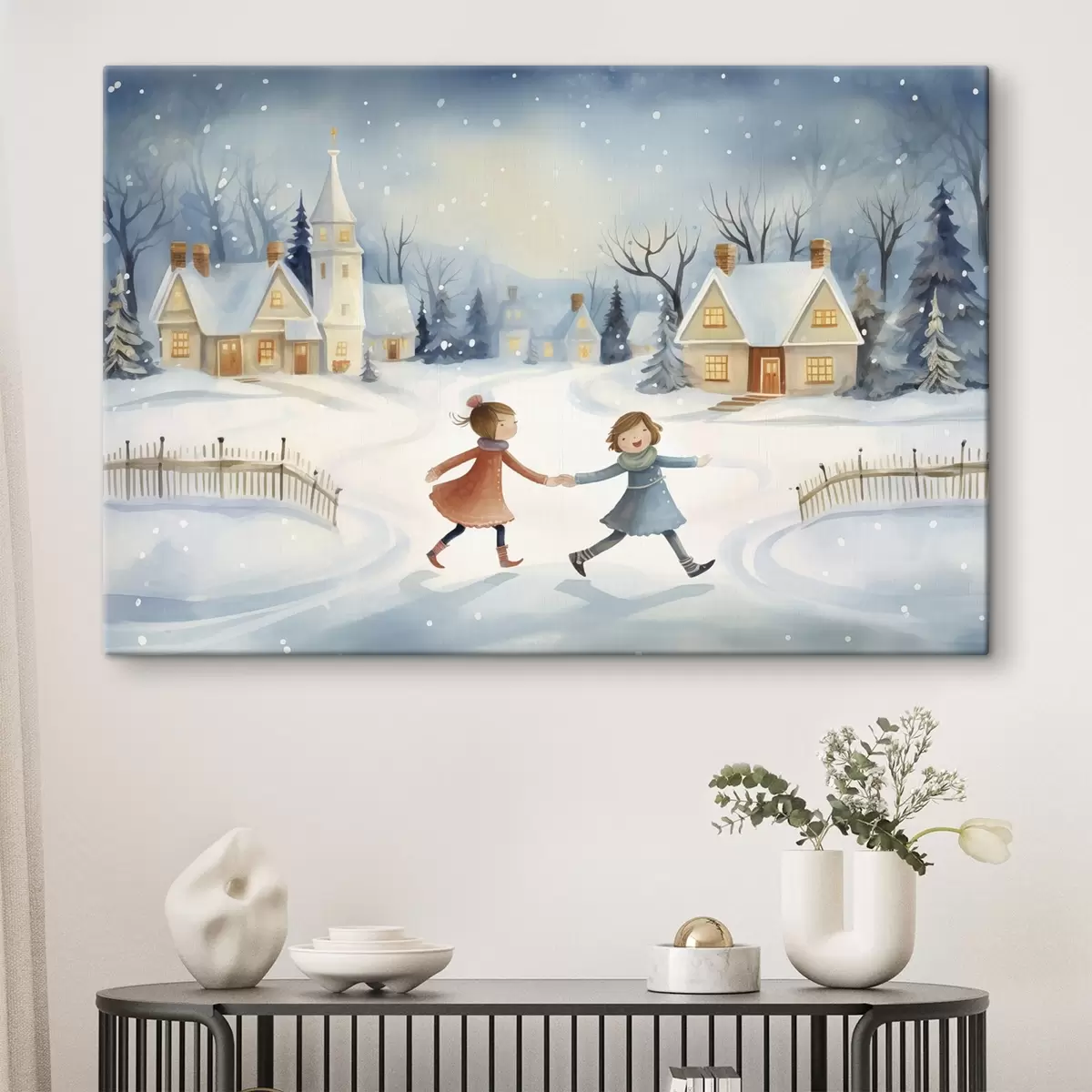 Wandbilder Mädchen im Winterdorf, Schneeflocken, Aquarell, Häuser, Wald s41385