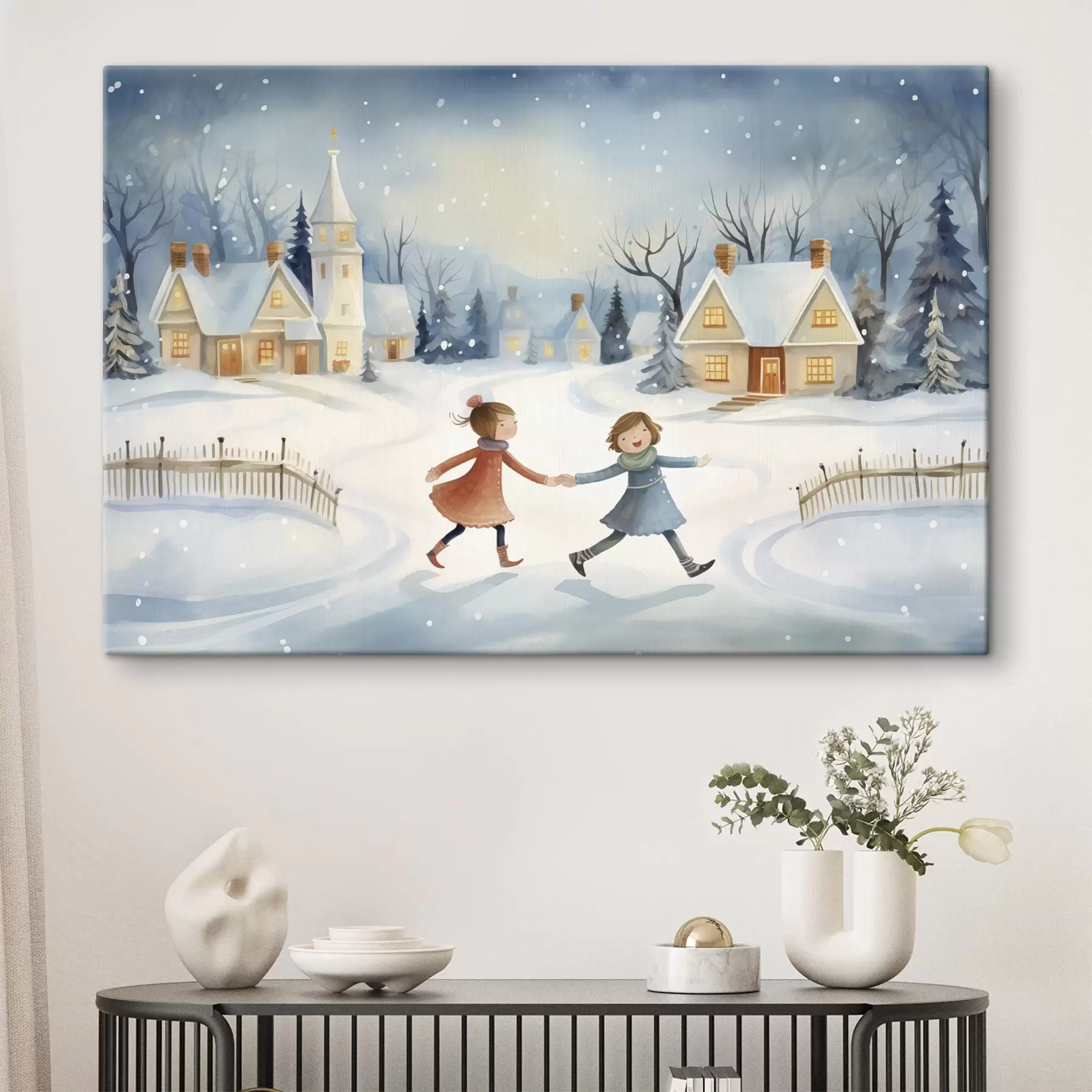 Wandbilder Mädchen im Winterdorf, Schneeflocken, Aquarell, Häuser, Wald s41385