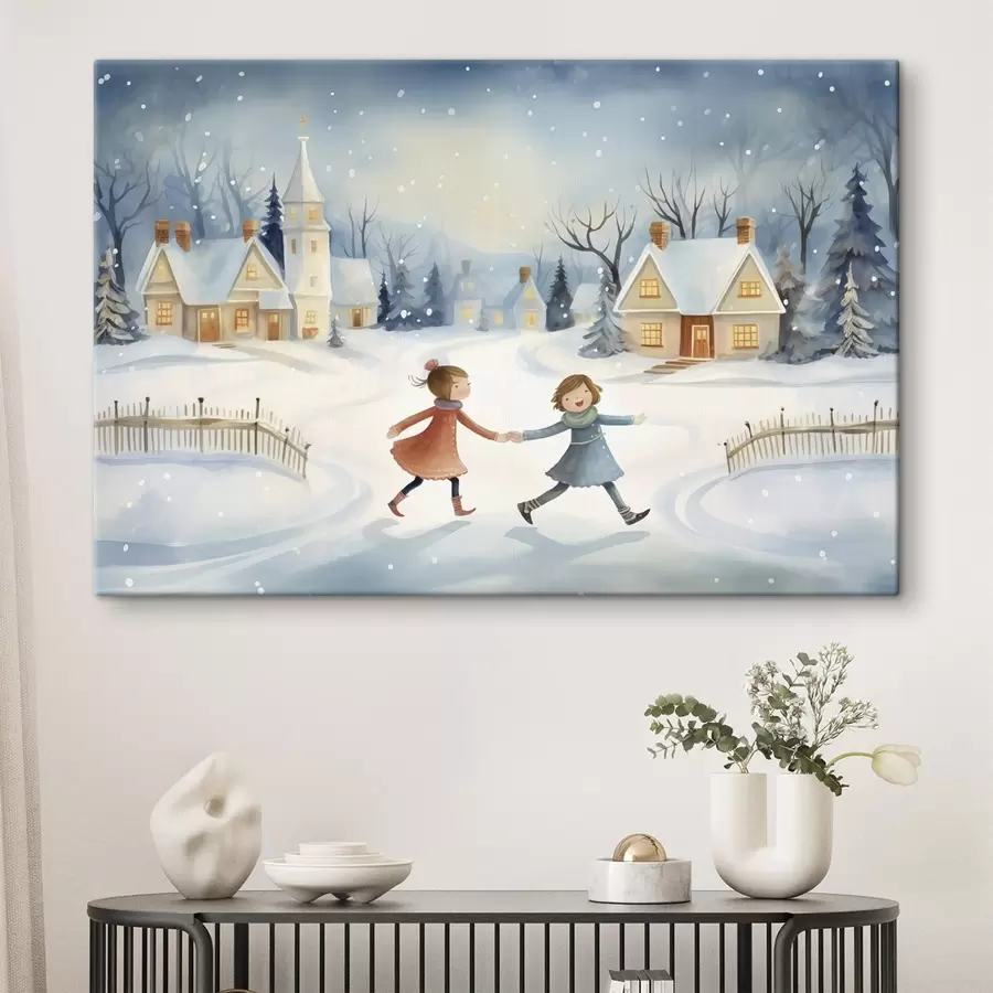 Wandbilder Mädchen im Winterdorf, Schneeflocken, Aquarell, Häuser, Wald s41385