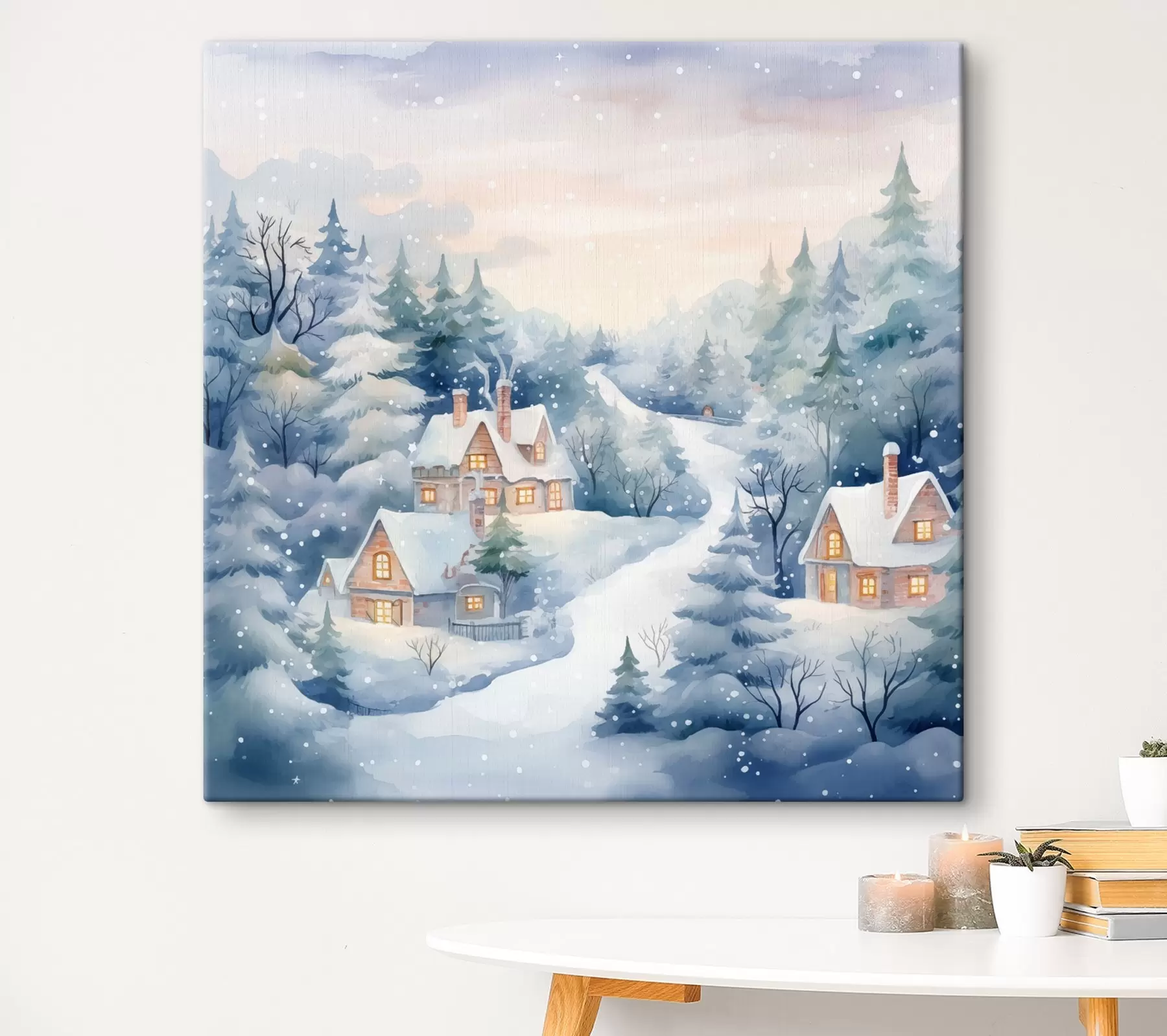 Wandbilder Aquarell Winterlandschaft, Kiefernwald, Häuser s41387