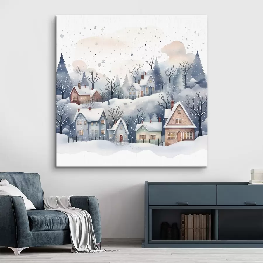 Wandbilder Aquarell Winterlandschaft mit Häusern und Kiefernwald s41389
