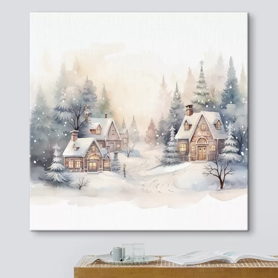 Wandbilder Winterlandschaft, Kiefernwald, schöne Häuser, Aquarell, Susnet s41390