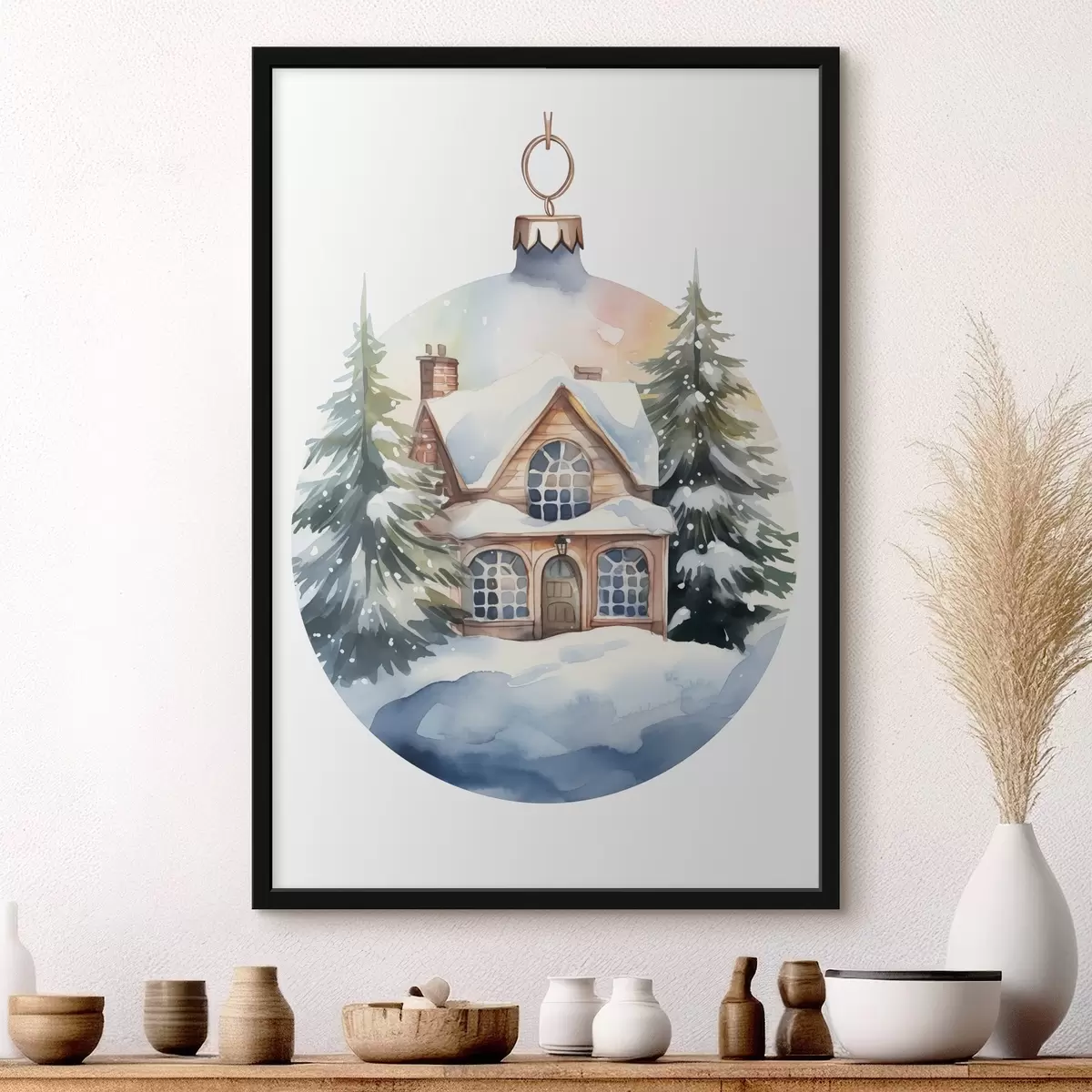 Poster Weihnachtsdekoration Kugel mit Aquarell Haus im Schnee, Tannenbäume f41363
