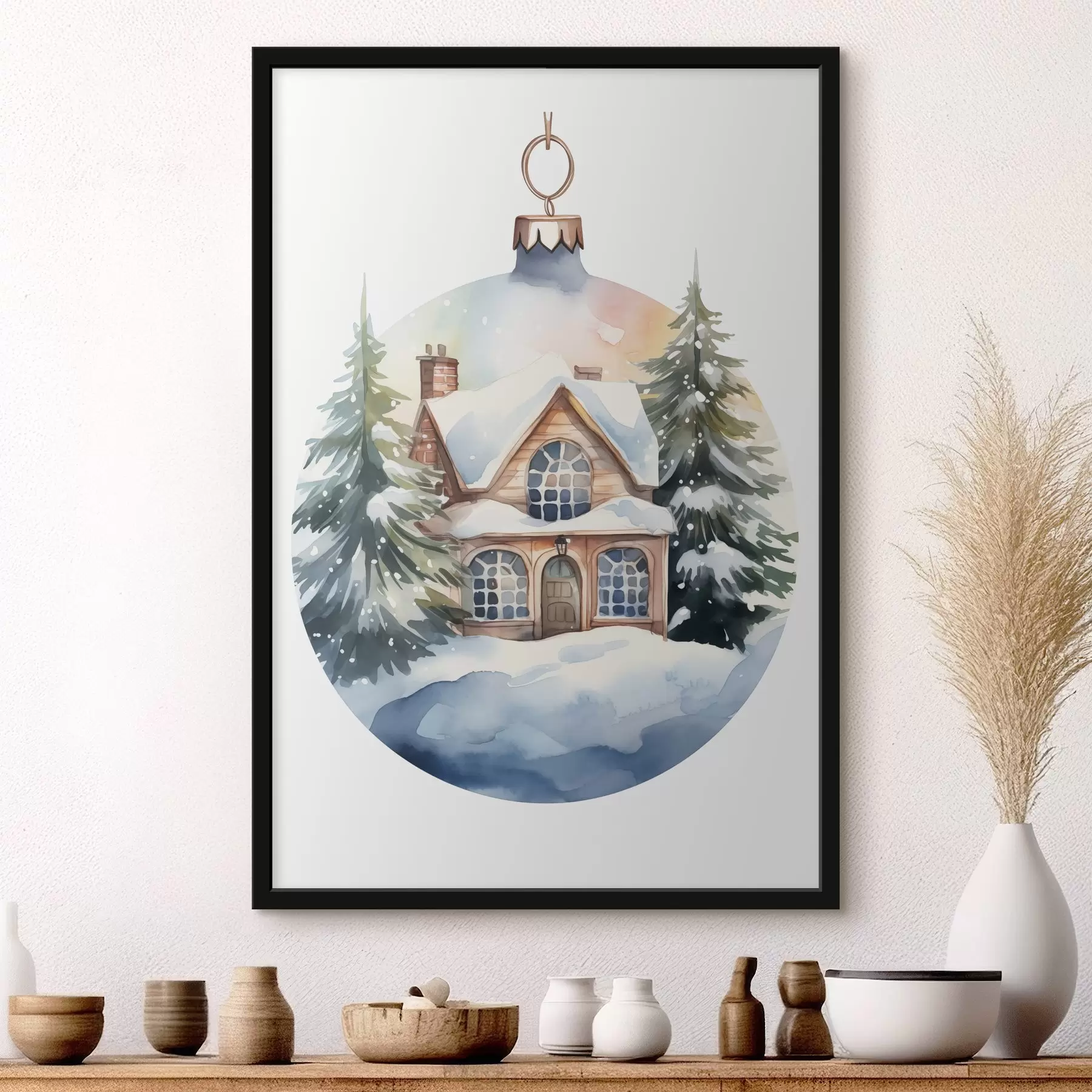 Fototapete Weihnachtsdekoration Kugel mit Aquarell Haus im Schnee, Tannenbäume f41363