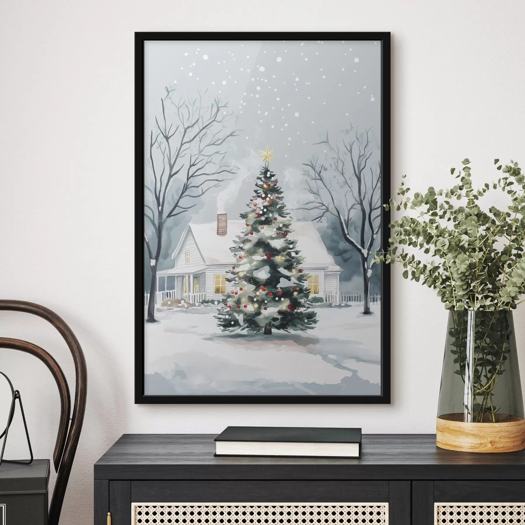 Fototapete Winterstadt, geschmückter Tannenbaum, Weihnachten, Aquarell f41364