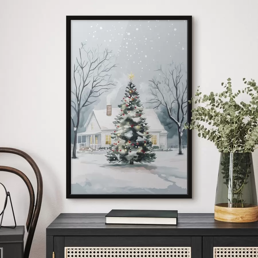 Fototapete Winterstadt, geschmückter Tannenbaum, Weihnachten, Aquarell f41364